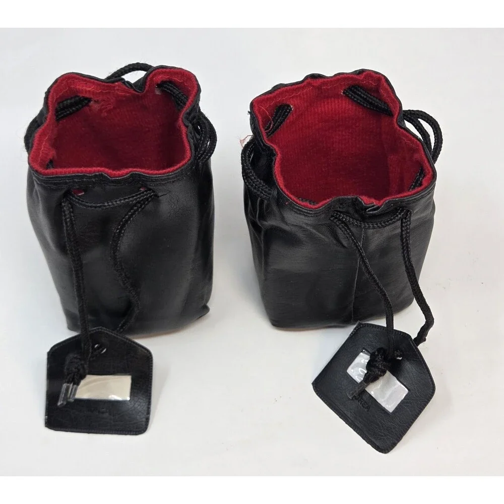 Vintage Black Leather Drawstring Camera Lens Pouches Red Lined Pair Made Korea
